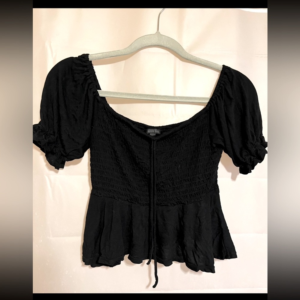 Guess-Black Puff Sleeve Smocked Cropped Peplum Blouse-NWOT